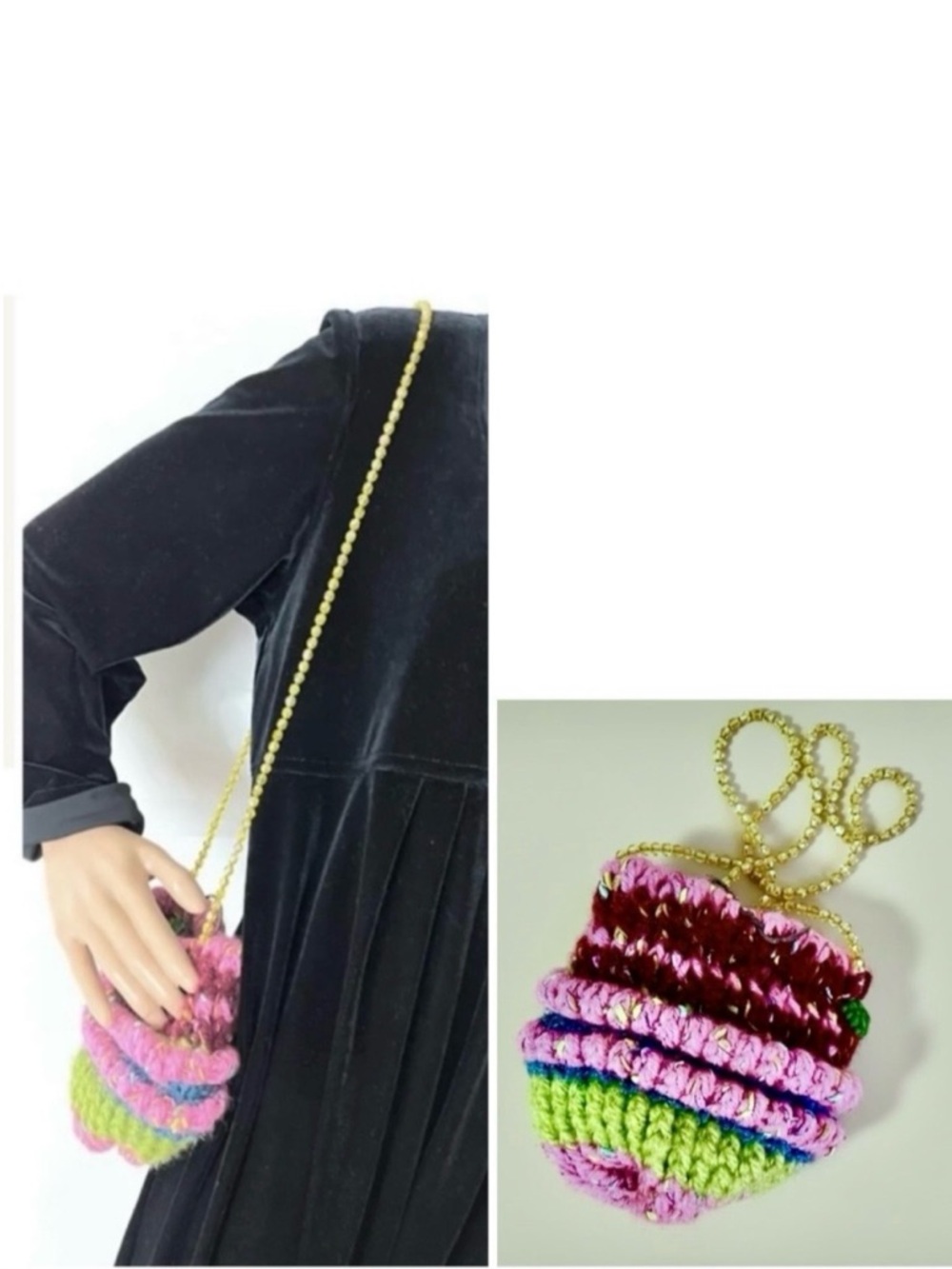 🇨🇮Handmade Vintage Multitextured Knit & Beaded Colorful Bag w Millefiori Charms